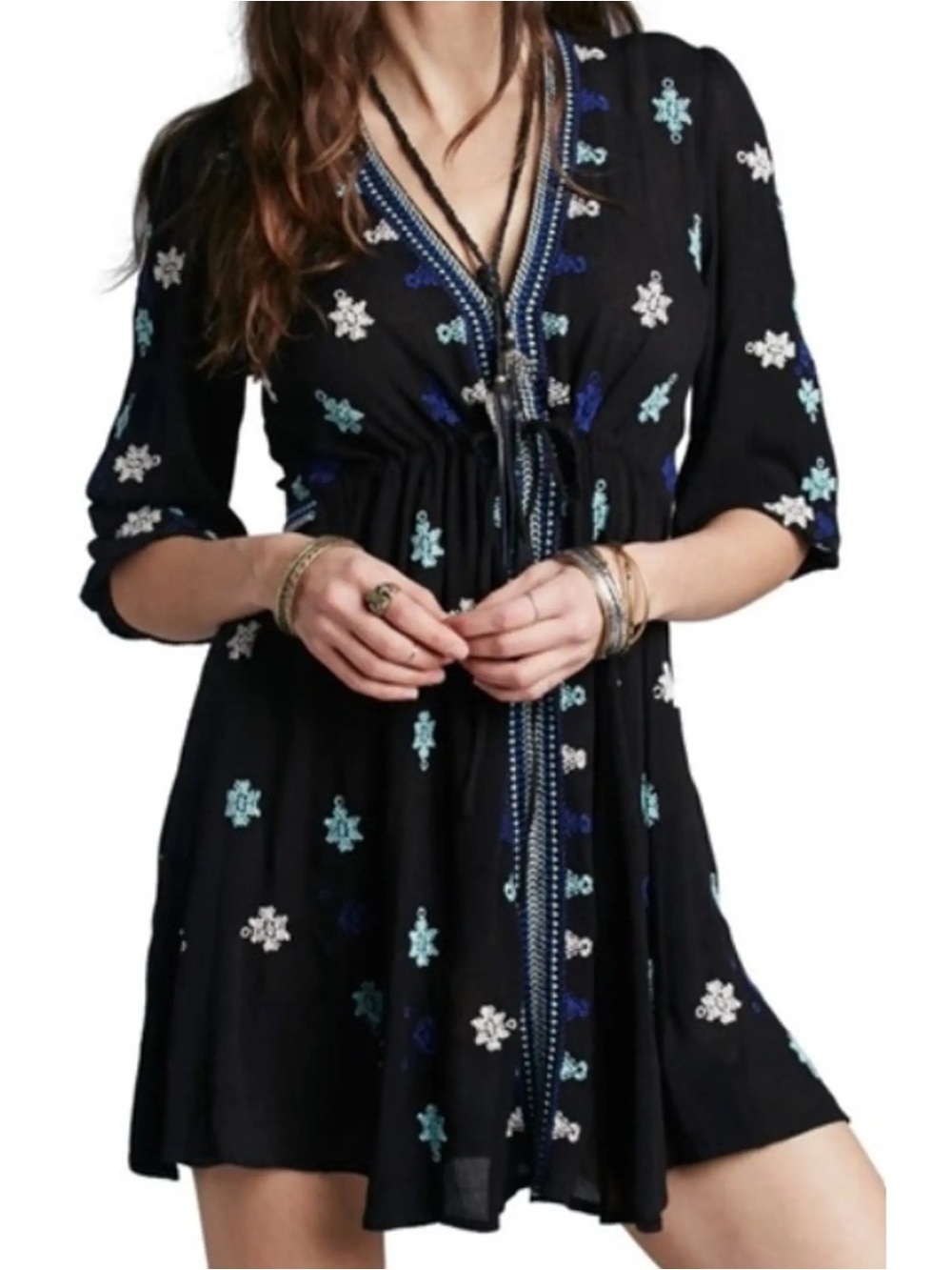 Free People Black Embroidered V-Neck Mini Dress